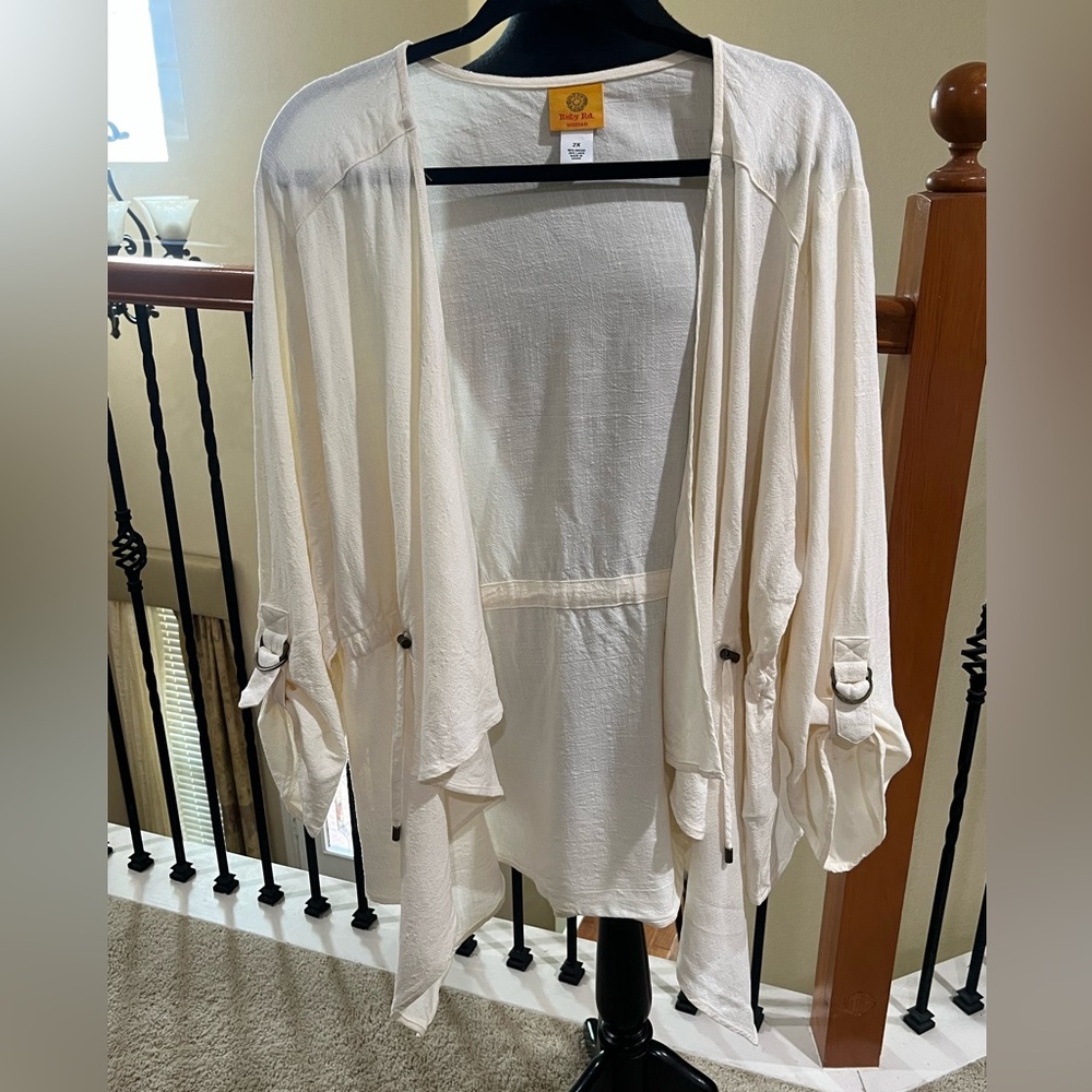 RUBY RD. Lightweight Cream Open-Front Drape Cardigan RAYON LINEN BLEND SIZE 2X - Picture 5 of 12